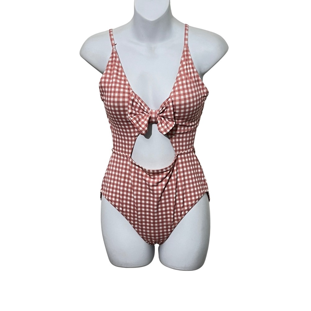 Judith March One Piece Swimsuit Womens S Pink Gingham Bow Cutout Retro Style